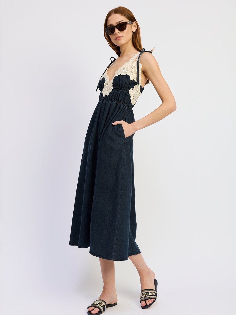 En Saison Natalia Crochet Trim Tie Shoulder Midi Dress Vintage Indigo Size Small - Picture 2 of 6